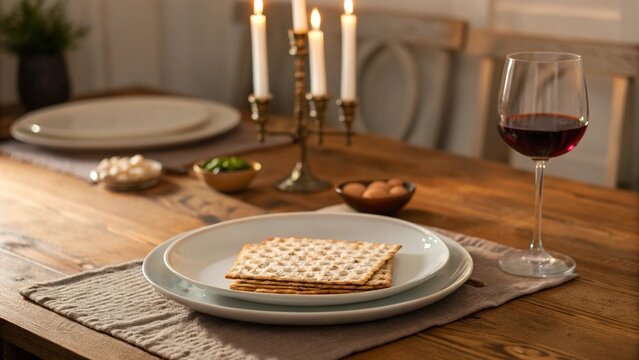 Elegant Passover Seder Table Setting with Matzah Wine and Candlesticks