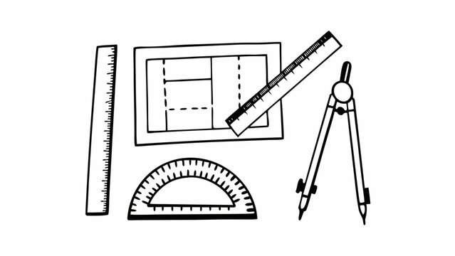 Geometric drawing tools laid out on a surface for drafting