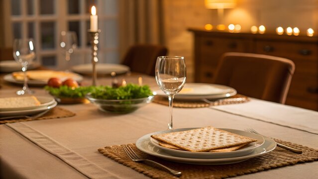 Festive Table Setting For Passover Seder With Matzah Bread And Candles Glowing Warmly