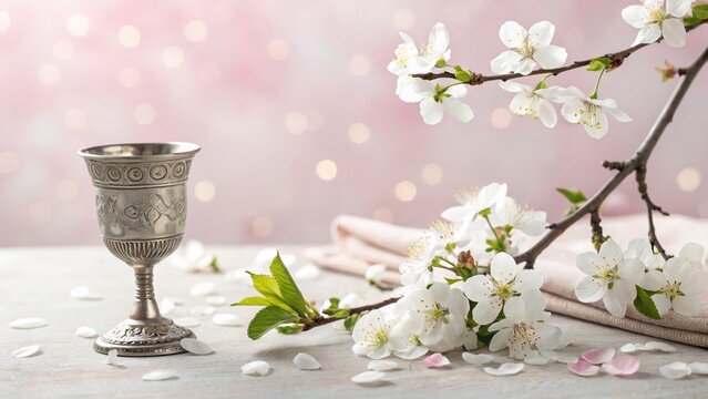 Ornate Silver Kiddush Cup With Cherry Blossoms and Soft Pink Bokeh Background