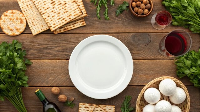 Overhead View Of Seder Plate With Matzah And Red Wine On Wooden Table