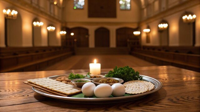 Seder Plate With Matzah Eggs And Maror On Wooden Table In Church With Lit Candle