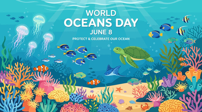 Vibrant ocean scene with sea creatures on world oceans day june 8th celebration
