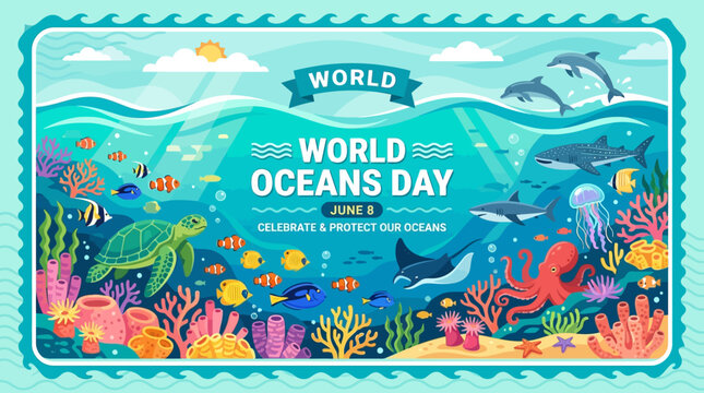Vibrant ocean creatures celebrate world oceans day on june 8th with coral reef