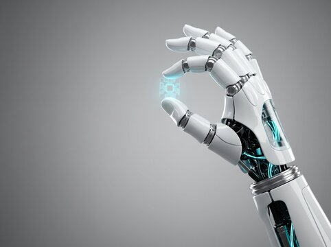 Cybernetic robotic hand holding a glowing transparent artificial intelligence microchip on a grey background