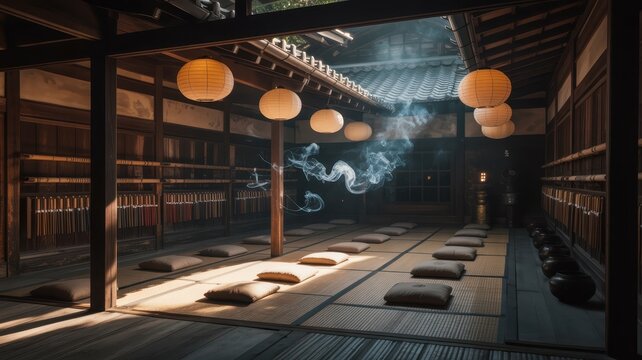 Serene Japanese meditation hall with tatami mats, cushions, paper lanterns, and mystical smoke wisps