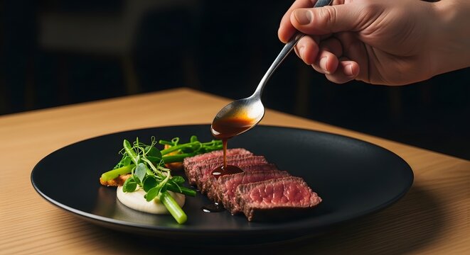 Slicing a perfectly cooked premium steak on a dark ceramic plate