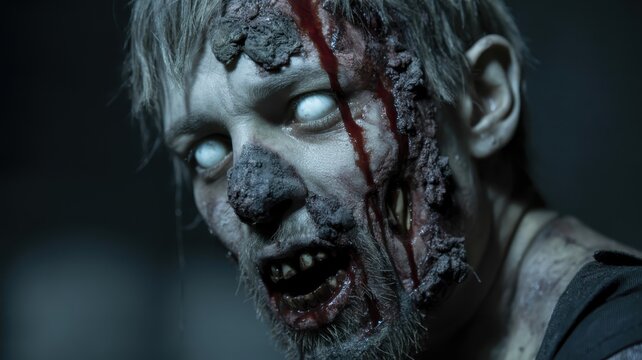 Terrifying close-up of a decaying zombie with pale eyes, matted hair, and bloody wounds, snarling with rotten teeth.