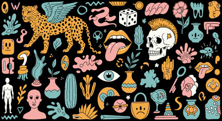Fototapeta premium Eclectic collection of hand drawn doodle icons featuring animals and abstract shapes on black background vector