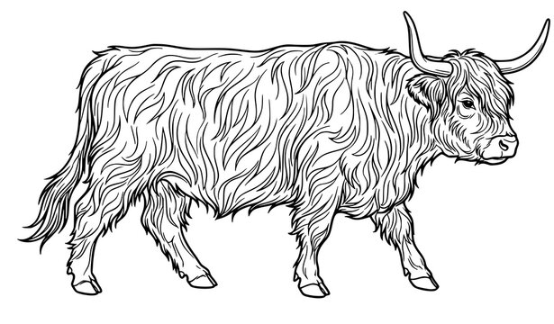Elegant Highland Cow Walking Outline Line Art Black and White Vector Illustration