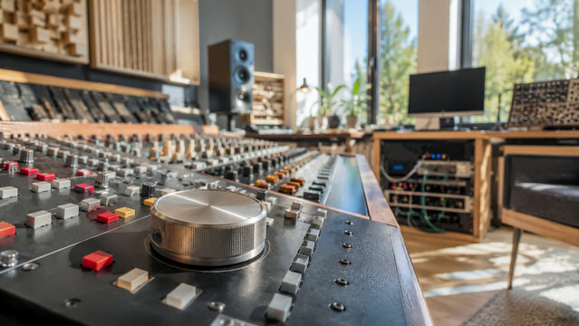 Professional sound mixing console with large metal knob focus in bright modern music recording studio environment