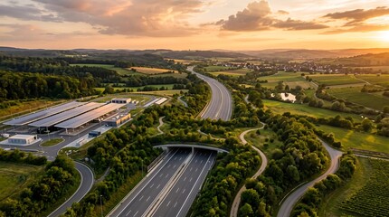 Obraz premium Scenic highway winding through lush green countryside at golden hour
