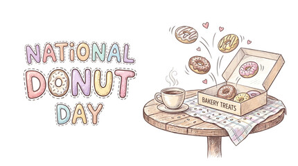 Obraz premium National donut day celebration with donuts and coffee on wooden table