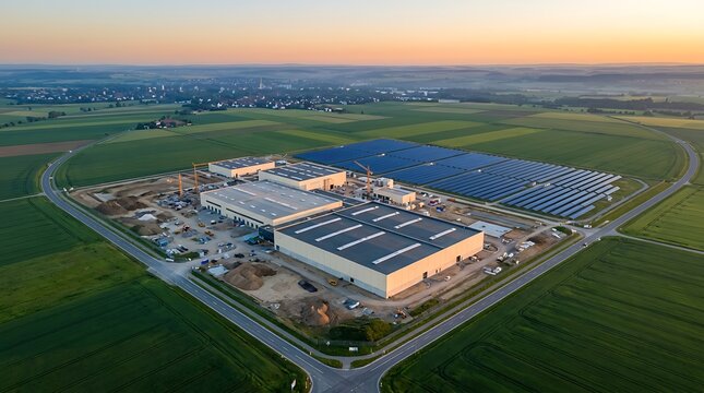 Construction of modern industrial buildings and large solar panel array at sunrise agriculture field surrounding manufacturing plant renewable energy site development.
