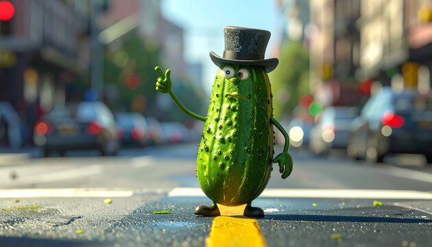 A Humorous Pickle Character Wearing a Bowler Hat Directing Traffic on a City Street