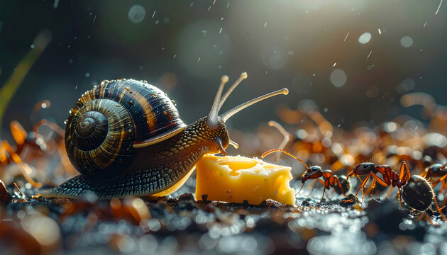 A hungry snail fiercely protects a piece of cheese from a swarm of ants in a dramatic macro nature scene.
