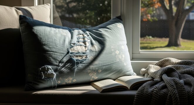 Aged blue floral fabric pillow with worn texture rests beside an open book on a windowsill, inviting cozy reading moments.