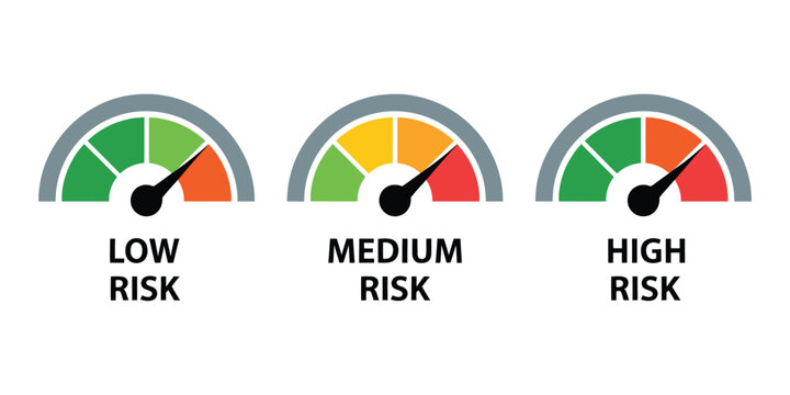 Risk Meter Icon Set Including Analytical Gauge Scale from Low to High Risk Levels for Security and Performance Evaluation Design