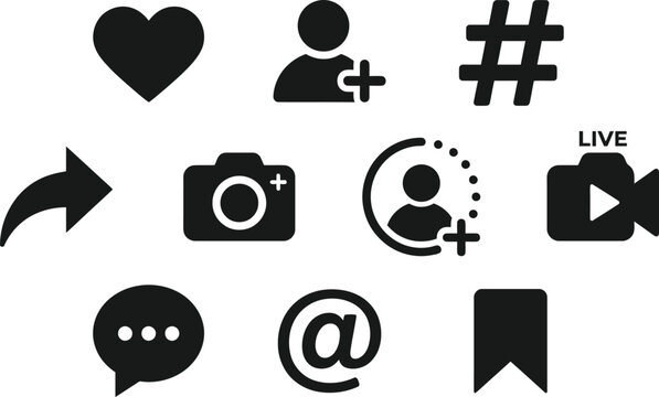 Minimalist black social media user interface (UI) essential icons set.