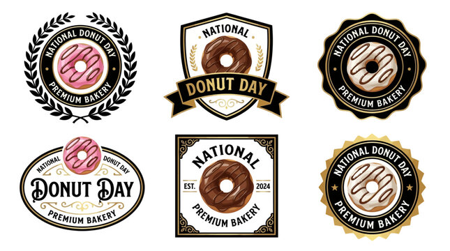 National donut day premium bakery logos and badges with doughnuts