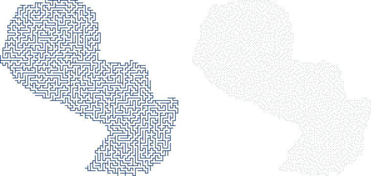 Abstract image featuring an intricate maze design forming the outlines of the paraguayan map on a checkered background.