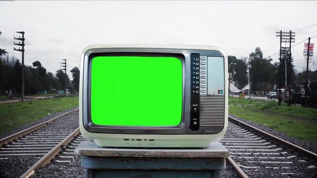 Slow Zoom In to Vintage Portable TV with Green Screen on Railway Tracks - 4K