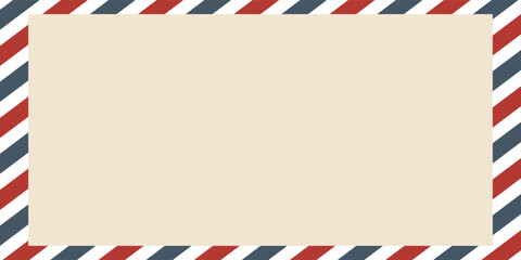 Obraz premium Vintage airmail postcard back template with diagonal blue and red stripe. Travel post card blank backside. Air mail envelope frame with postage place. Vector illustration isolated on white
