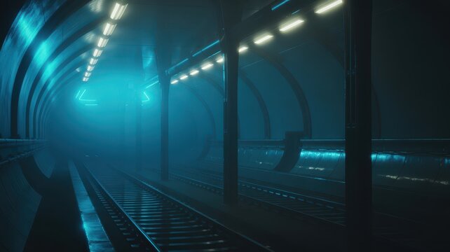 Futuristic subway tunnel with glowing blue lights, empty train tracks, and atmospheric fog, sci-fi concept