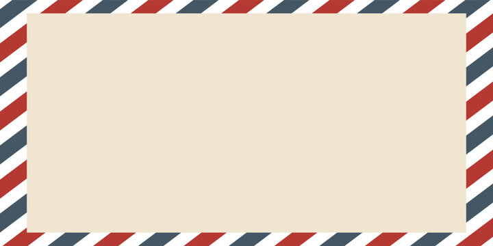 Vintage airmail postcard back template with diagonal blue and red stripe. Travel post card blank backside. Air mail envelope frame with postage place. Vector illustration isolated on white