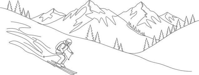 Obraz premium Continuous line drawing of a skier in the mountains