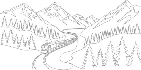 Fototapeta premium Continuous line drawing scenic mountain landscape with train vector illustration