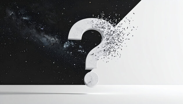 A large concrete question mark disintegrating into numerous small particles on a contrasting black and white background