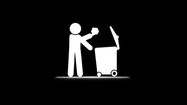 Trash Bin Disposal Stick Figure Animation. Animated stick figure icon showing a person throwing trash into a garbage bin.