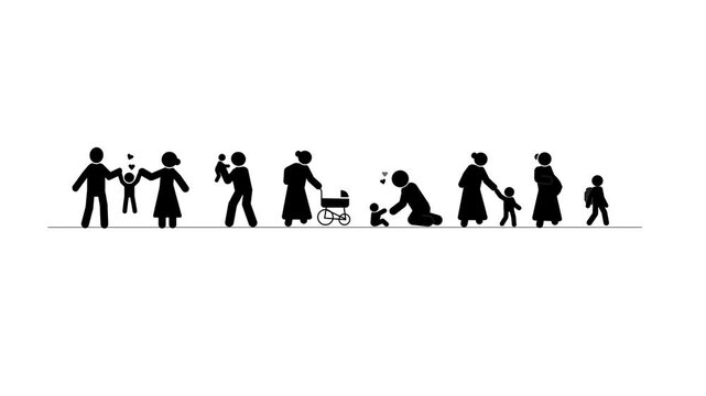 Social baby care icon concept animation. Minimal black silhouette family and people icon set featuring parents, children, walking people, and social care concepts