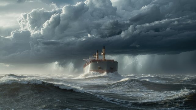 Massive cargo ship battles violent storm with lightning strikes and towering waves at sea