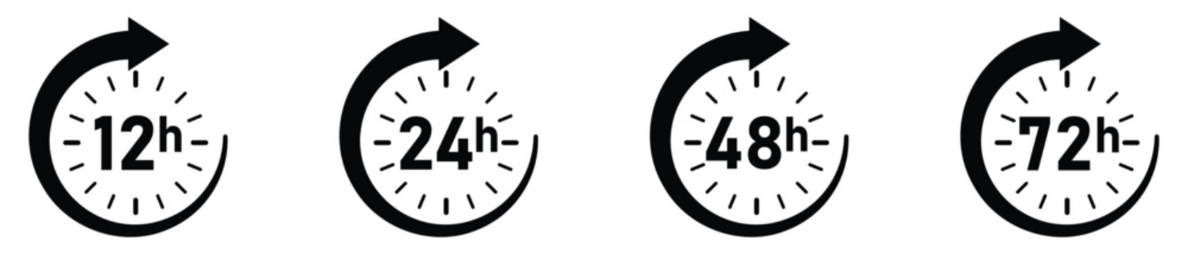 Modern vector icons displaying 12h 24h 48h and 72h time duration for service delivery