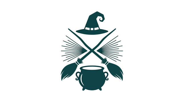 Decorative witch broomsticks and magic cauldron with pointed hat for spooky halloween themed graphic design projects