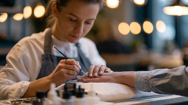 Licensed nail technician at a busy urban salon carefully brushes gel top coat onto a client's extended hand under a curing lamp, small brushes and acetone bottles organized across the workstation, t