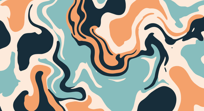 Abstract fluid wave background pattern with organic marble colors of orange teal blue and navy for modern design.