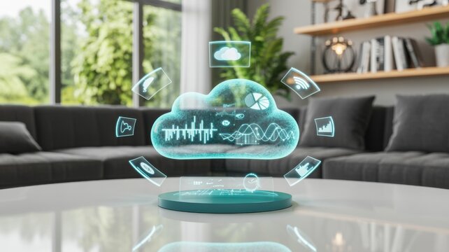 Holographic cloud displaying data and charts above a modern coffee table