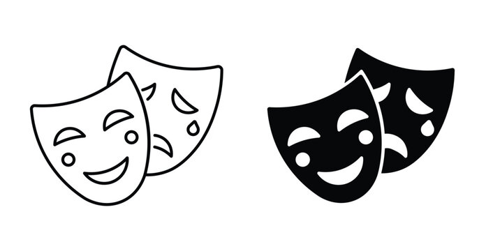 Theater comedy and tragedy masks vector icons, black and white drama theater symbols, comedy tragedy face illustrations for acting and performance