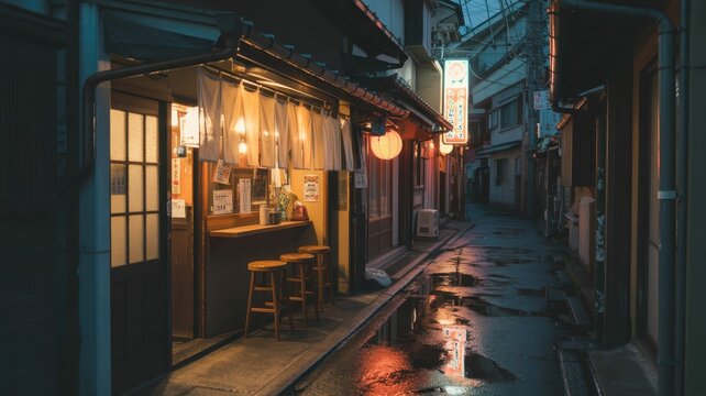 Cozy Japanese Izakaya Alley at Night, Warm Lights Reflecting on Wet Pavement After Rain