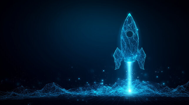 Futuristic digital rocket made of glowing blue network lines launching from abstract data wave, technology startup, artificial intelligence, innovation and business growth concept