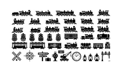 Minimal vintage locomotive silhouettes with retro railway vector illustrations © ShanjidaAkter