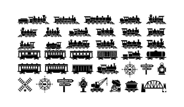 Retro steam locomotive silhouettes with classic railway vector illustrations
