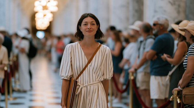 Congressional aide rushing through marble-floored Capitol building corridor carrying leather portfolio folders while tourists queue behind velvet ropes for chamber gallery access during July legisla