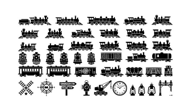 Monochrome vintage train icon pack with retro locomotive vector designs