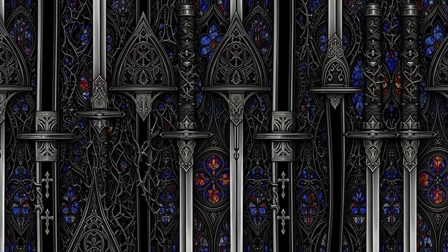 Collection of Ornate Swords Displayed in a Dark, Gothic Setting.