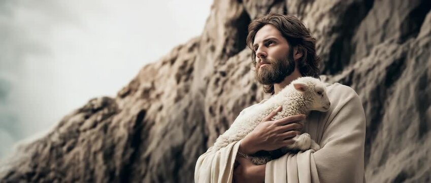 Jesus carrying a lamb gently in the midst of rocky scenery beneath a striking sky.