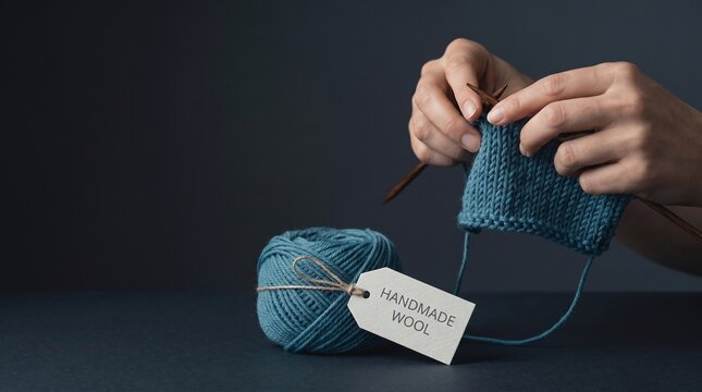Hands knitting with blue yarn and handmade wool tag on dark background